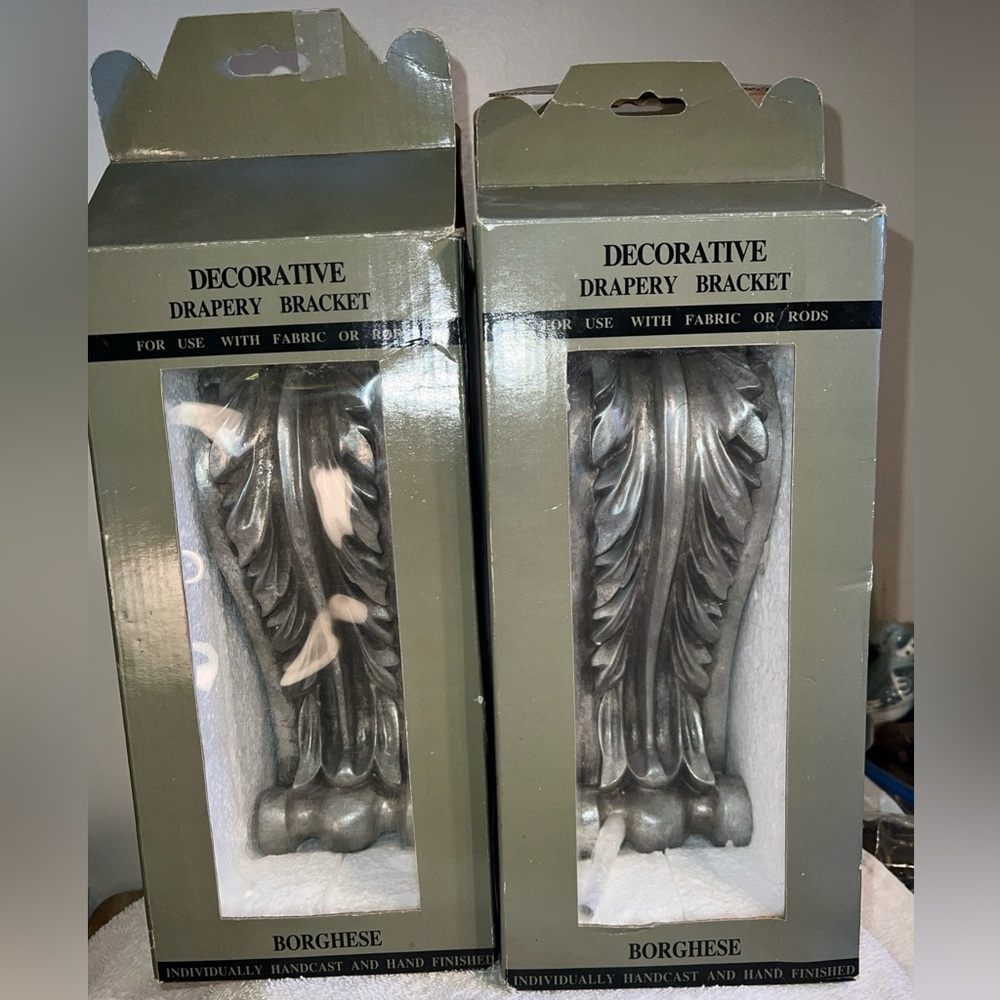 BORGHESE  Decorative Drapery Brackets Set of 2 Silver Tone Open Box